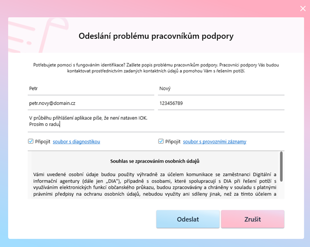 Formulář odeslání problému pracovníkům podpory