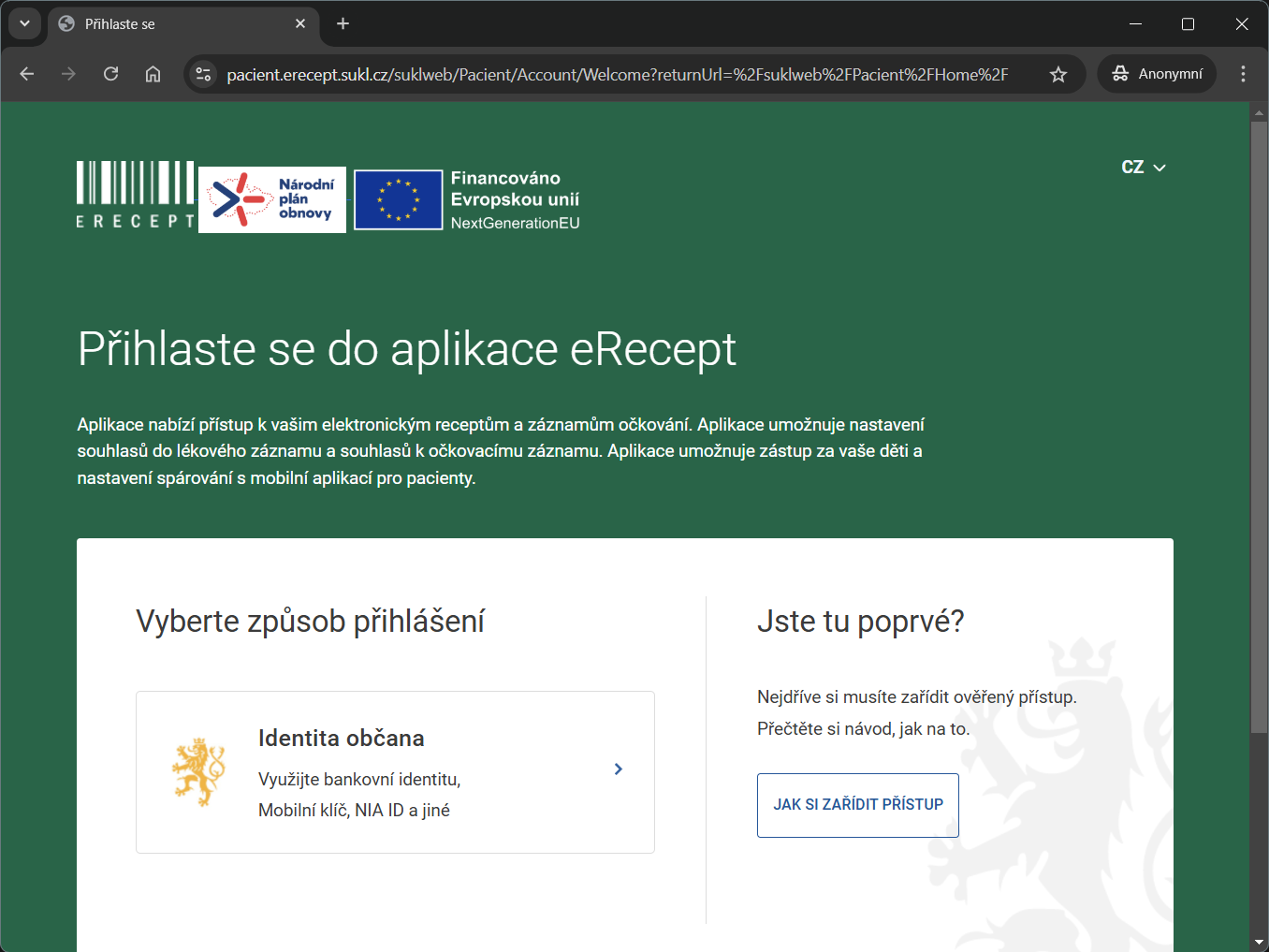 Webové stránky SÚKL s digitální službou eRecept