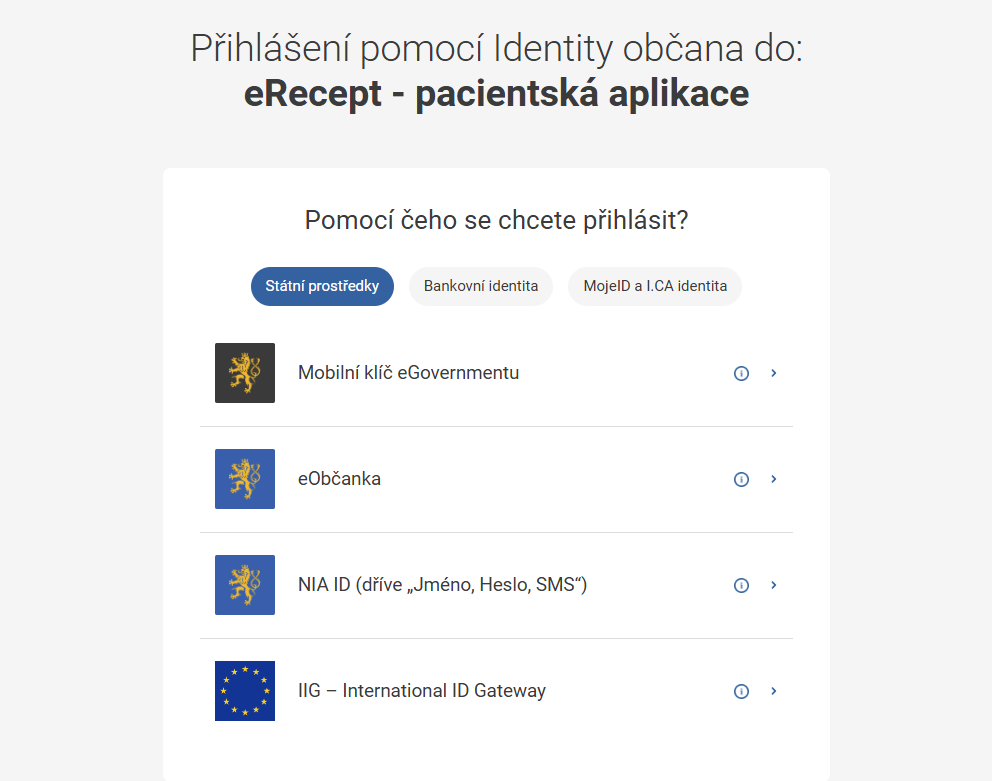 Výběr způsobu přihlášení v Národním bodu