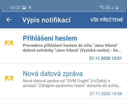 Zobrazení výpisu notifikací v aplikaci Mobilní klíč