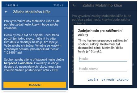 Zálohování v aplikaci Mobilní klíč